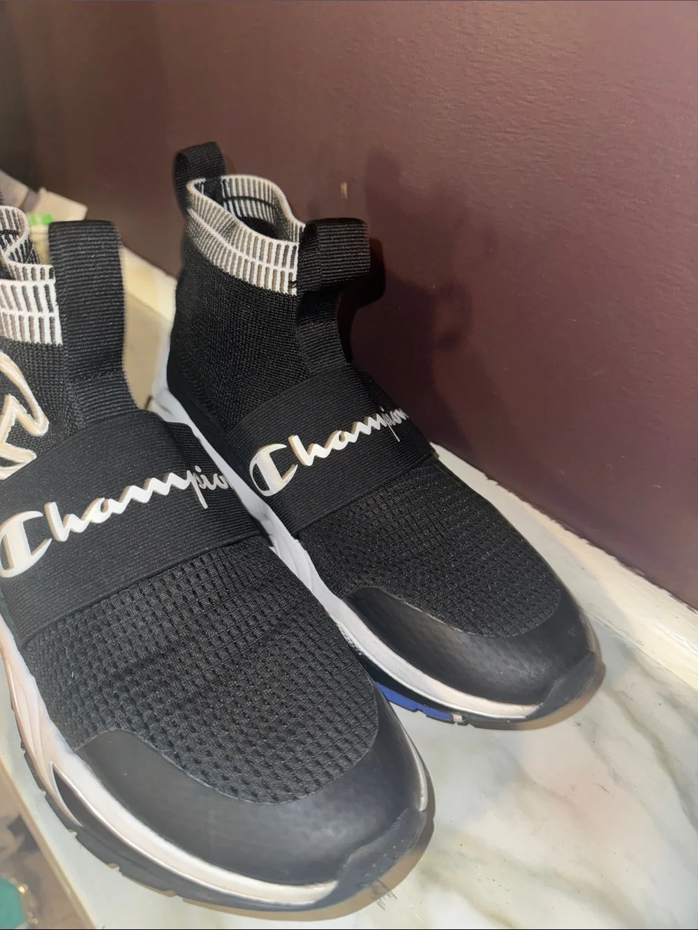 Champion Black Knit Slip-On Kids Sneakers with Red Logo Accent